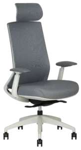 Mobiliario de oficina: Fotografía de una silla ergonómica color gris claro con estructura color blanco en fondo blanco.