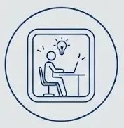 Representación de uno de los beneficios de tener una cabina acústica en oficinas: Mayor concentración. Cabina acústica: Figura de una persona usando una computadora con contornos color azul marino en fondo color azul claro.