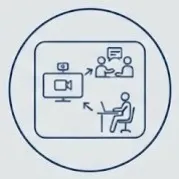 Representación de uno de los beneficios de tener una cabina acústica en oficinas: Mucha versatilidad. Cabina acústica: Figura de personas hablando y trabajando con contornos color azul marino en fondo color azul claro.
