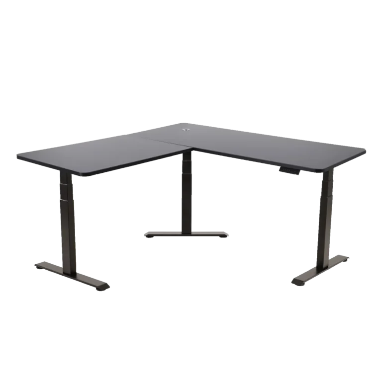 Escritorios de oficina: Fotografía de un escritorio rectangular en forma de "L" con mesa y estructura color negro.
