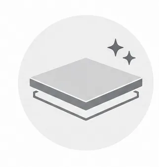 Escritorios de oficina: Figura de un cuadrado color gris con contorno debajo color gris oscuro en fondo gris claro. Ícono de una de las características de los materiales y acabados de los escritorios de oficina: cubiertas de melamina.