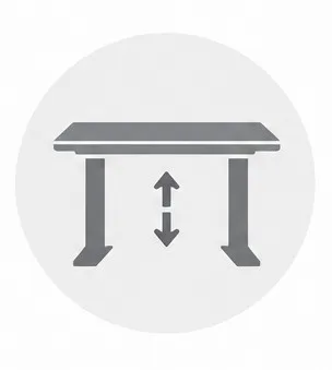 Escritorios de oficina: Figura de una mesa color gris oscuro con una dos flechas del mismo color en fondo gris claro. Ícono de una de las características de los materiales y acabados de los escritorios de oficina: altura ajustable.