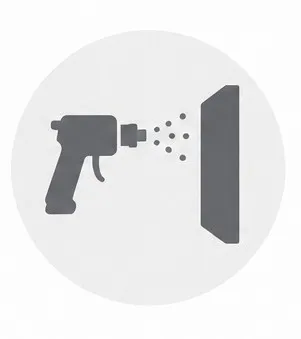 Escritorios de oficina: Fotografía de una pistola de aire frente a un rectángulo vertical en un fondo gris claro. Ícono de una de las características de los materiales y acabados de los escritorios de oficina: pintura electrostática.